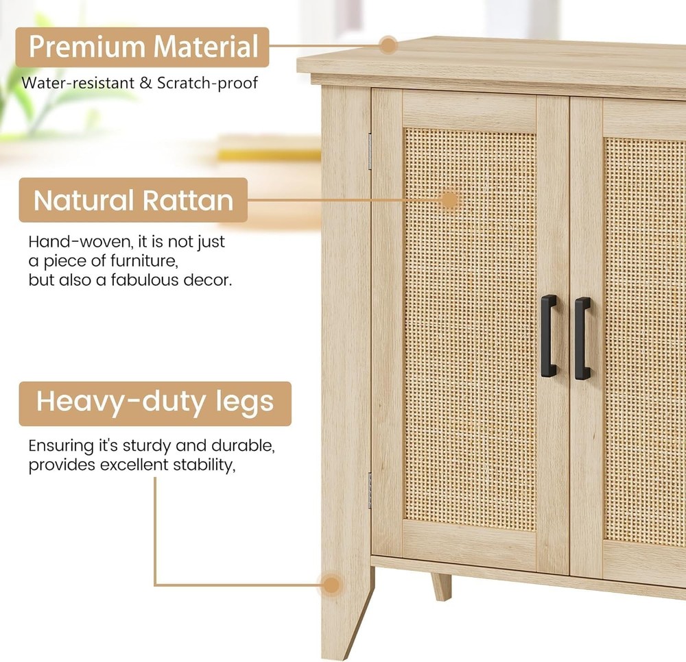 Rattan Buffet Cabinet Farmhouse Sideboard Kitchen Storage Organizer