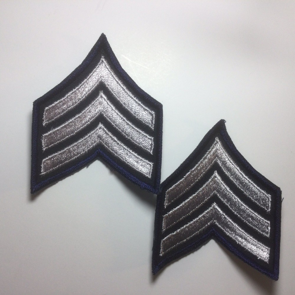 (2) Sergeant Chevron - 3 Silver Stripes on DARK NAVY BLUE (Navy Border) Patch