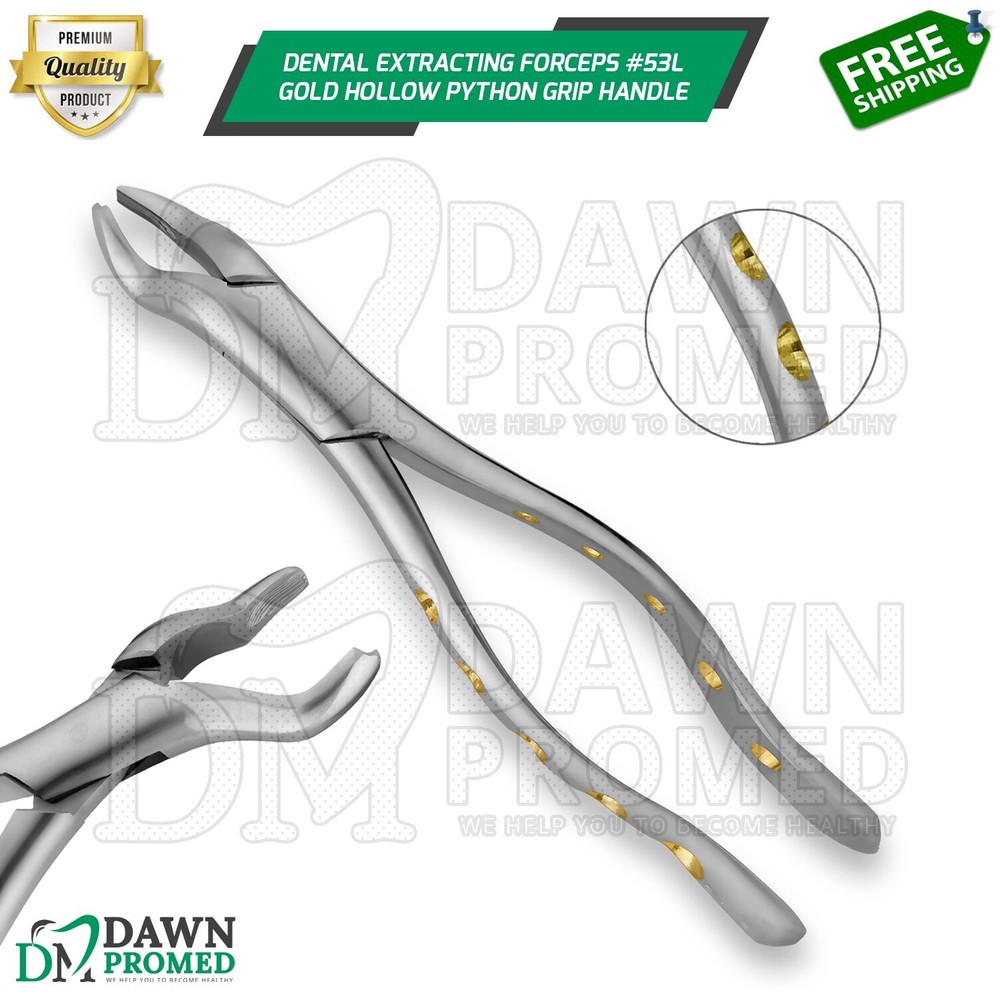 Dental Extracting Forceps #53L Gold Hollow Python Grip Handle German Grade