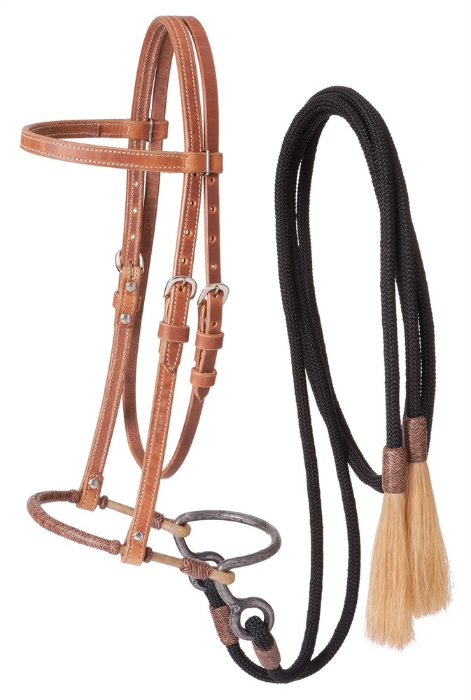 Leather Training Headstall with Bosal - Bumper - Cord Split Reins