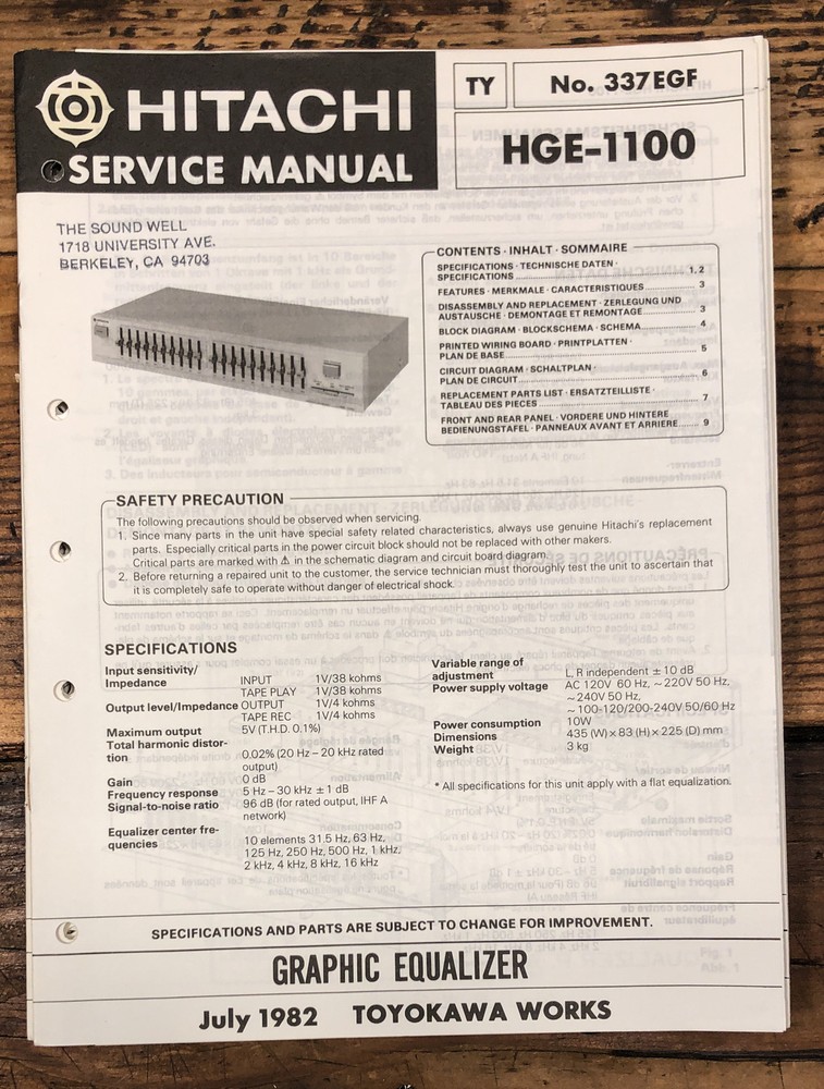 Hitachi HGE-1100 Equalizer  Service Manual *Original*