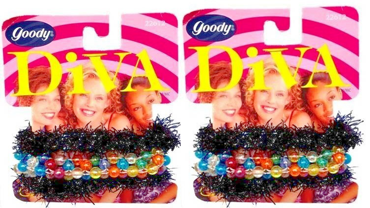 (2 PACK) Vintage 1999 Goody Diva Ponytail Holders BLACK, Multicolored Beaded