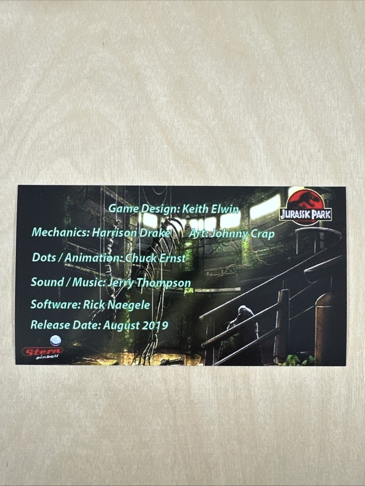 Stern Jurassic Park Pinball Apron Card
