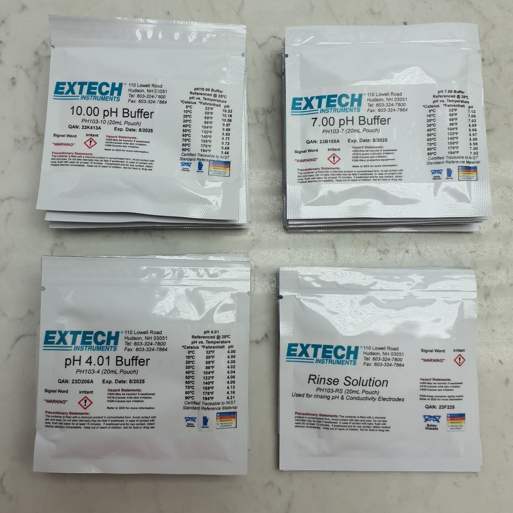 Extech PH103 Tripak Buffer Pouches 4 7 & 10pH + Rinse Solution Calibration Kit