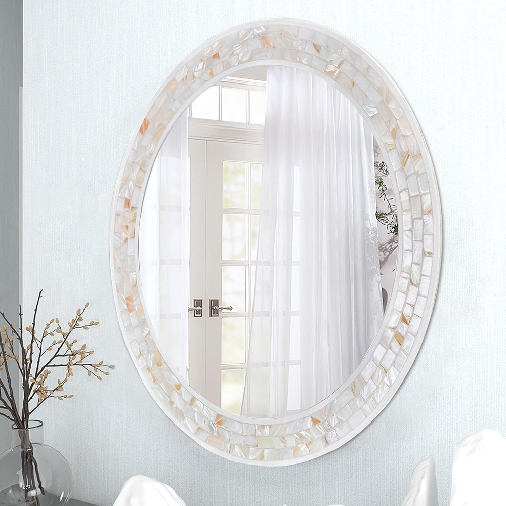 30" White Round Bathroom Mirror with Natural Shell Mosaic Frame