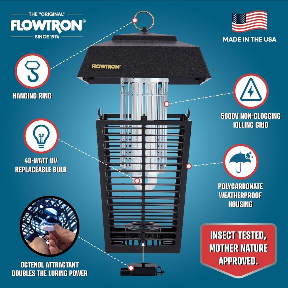 Flowtron 1 Acre Bug Zapper - 40W Bulb & 5600V Instant Killing Grid