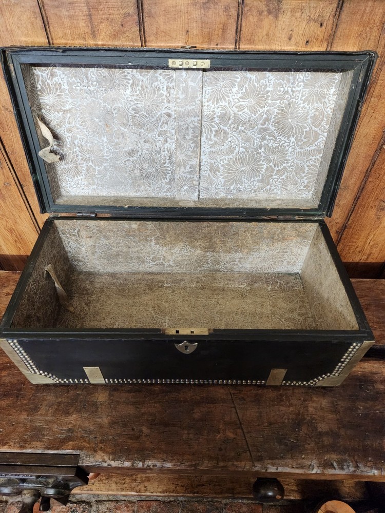 Antique Black Brass Rivetted Wooden Solid Trunk.