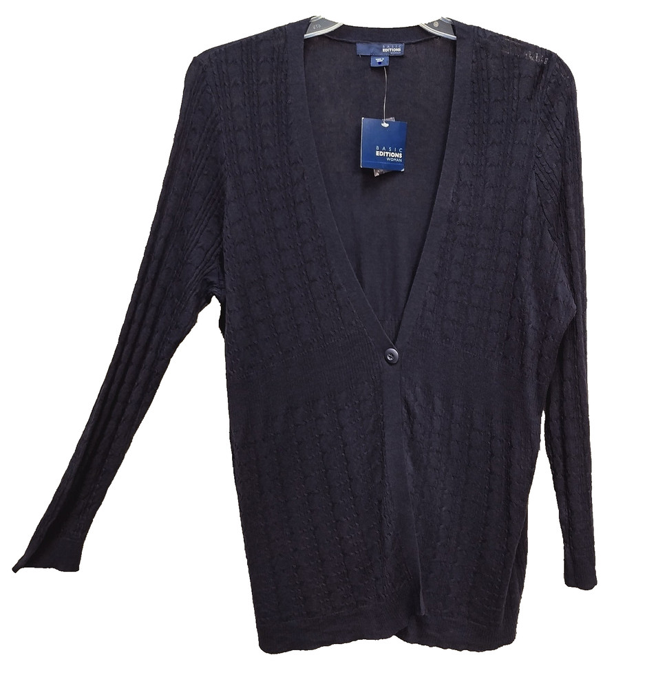 2X BASIC EDITIONS NAVY BUTTON FRONT MIXED KNIT CROCHET PEPLUM CARDIGAN SWEATER