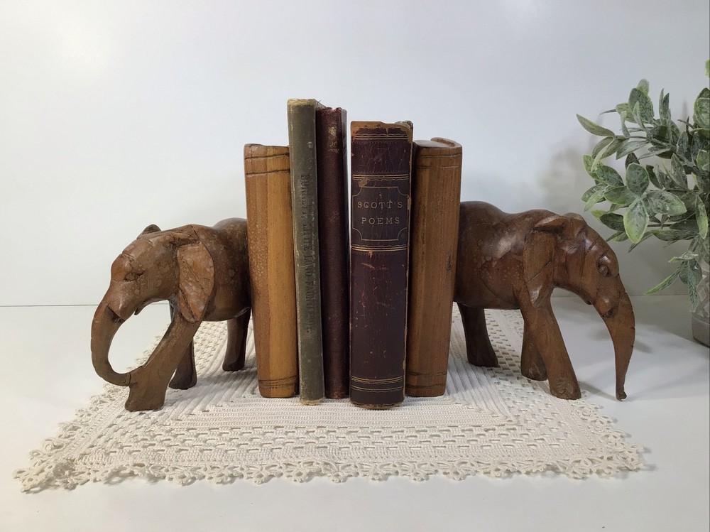 Elephant Bookends~Hand Carved Solid Wood~6” Tall~
