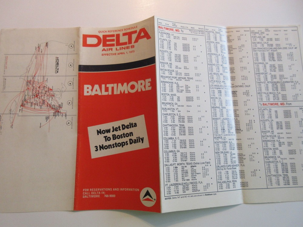 DELTA AIRLINES 1973 BALTIMORE FLIGHT SCHEDULE BROCHURE BOOKLET