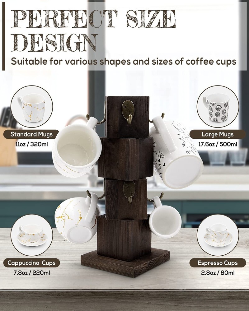 PUERSI Coffee Mug Holder for Counter, Rustic Solid Wood Mug Tree, Farmhouse W...