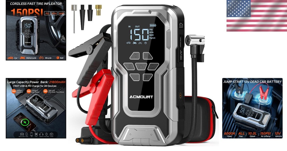 D18 Jump Starter with LED Light, 6000A Power & Air Compressor - Compact Design