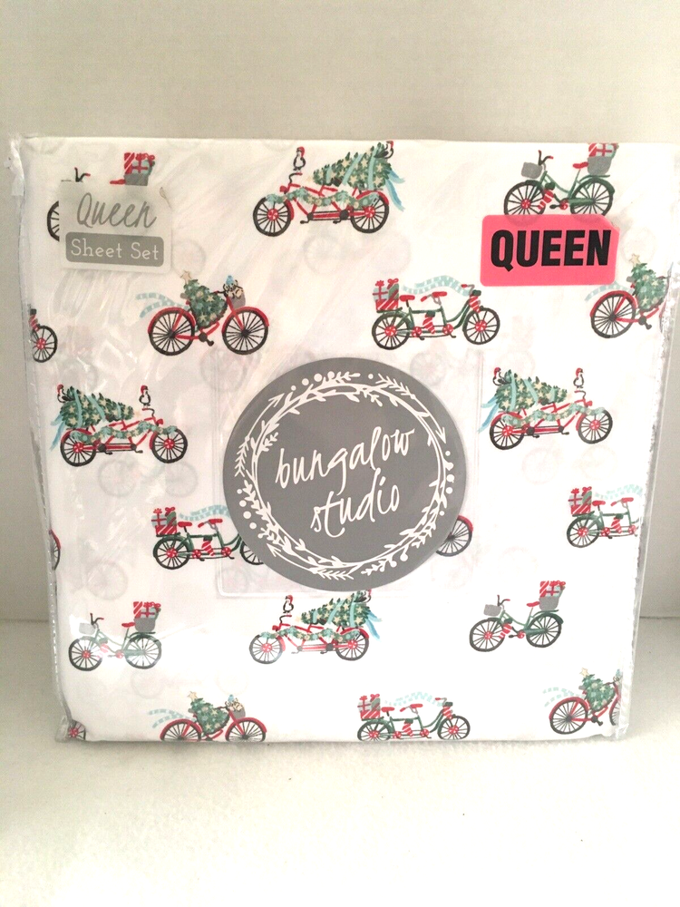 New Bungalow Studio Christmas Bicycles Queen Size Sheet Set White Microfiber