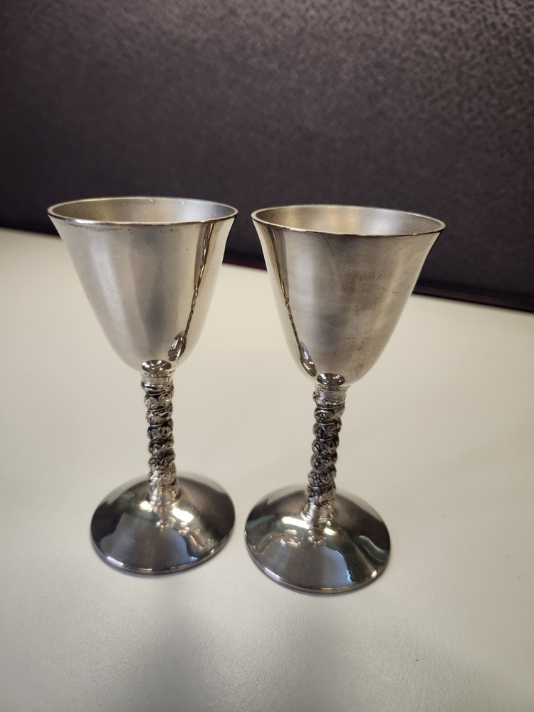 2 Plator Spain Silverplate Sherry Cordial Twisted Grapevine Stem Goblets 4.5"