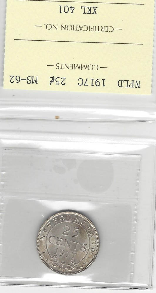 1917c ICCS Graded Newfoundland Twenty-Five Cent **MS-62**