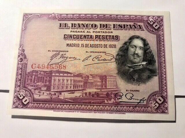 1928 Spain 50 Pesetas Note Gem CU #15077