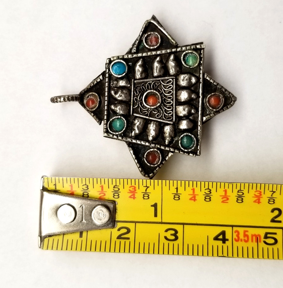 Vtg Middle Eastern Silver Locket Pendant Handcrafted Box Locket Multi Gemston