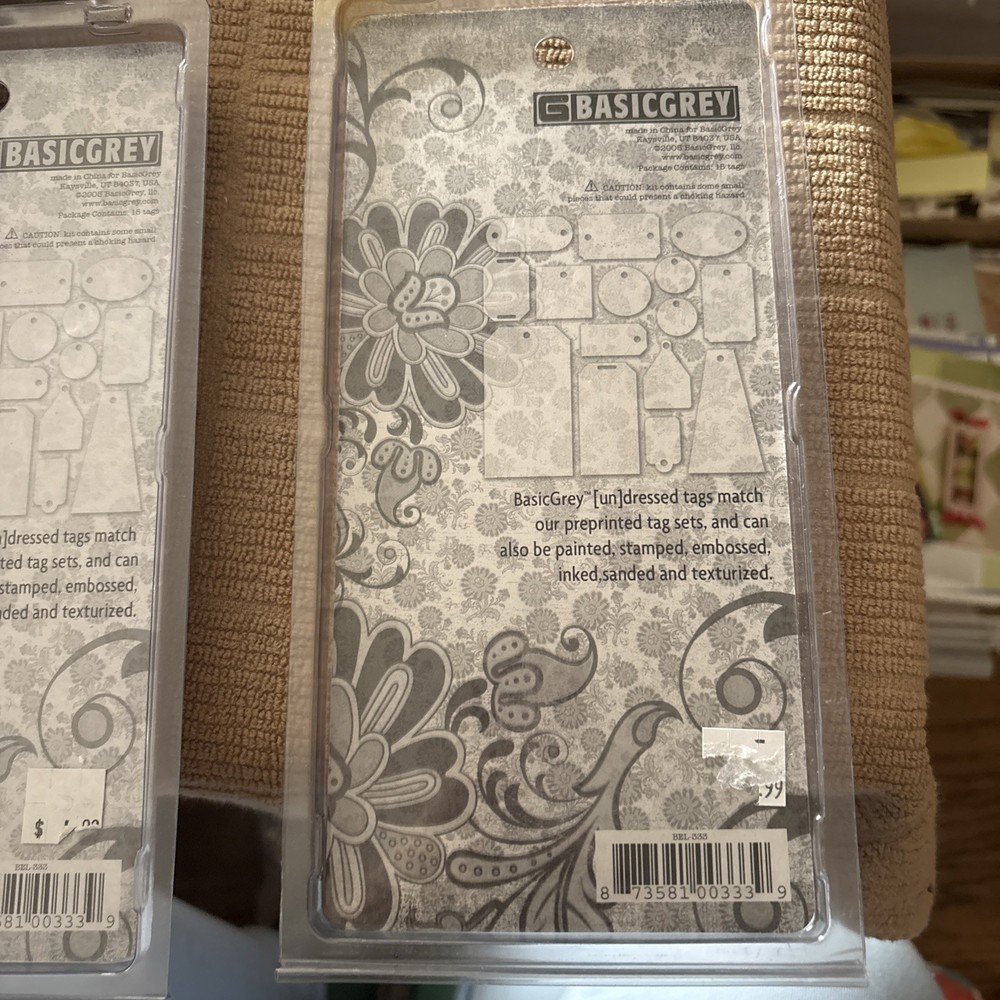 Lot of 2 Basic Grey 8 chipboard tags by undressed. New in package