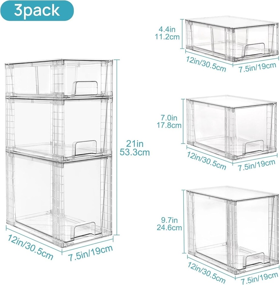 Vtopmart 3 Pack Clear Stackable Storage Drawers,Easy to Assemble Transparent