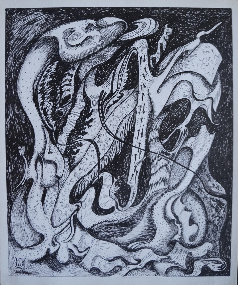 Ink Drawing Composition Signed GUSTAV VON DER LOO (a)