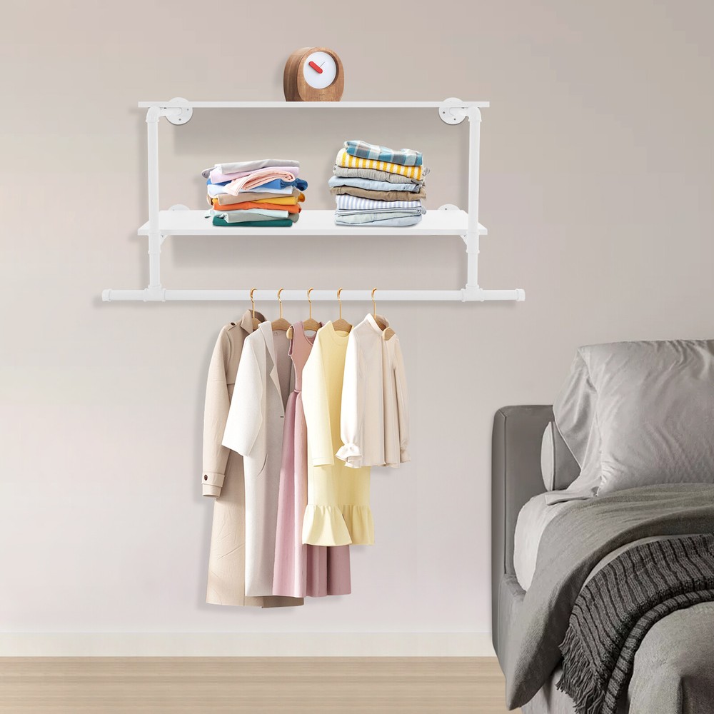 Clothes Display Rack with 2-tier Shelves 2-tier Wall Mounted Garment Rack