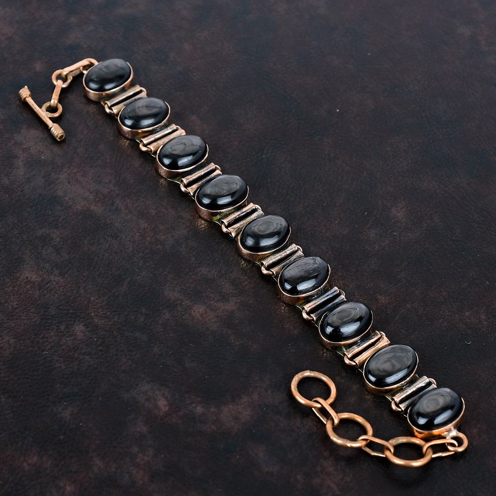 Copper Oval Hypersthene Stone Sister Elegant Bezel Chain Handcrafted Bracelet