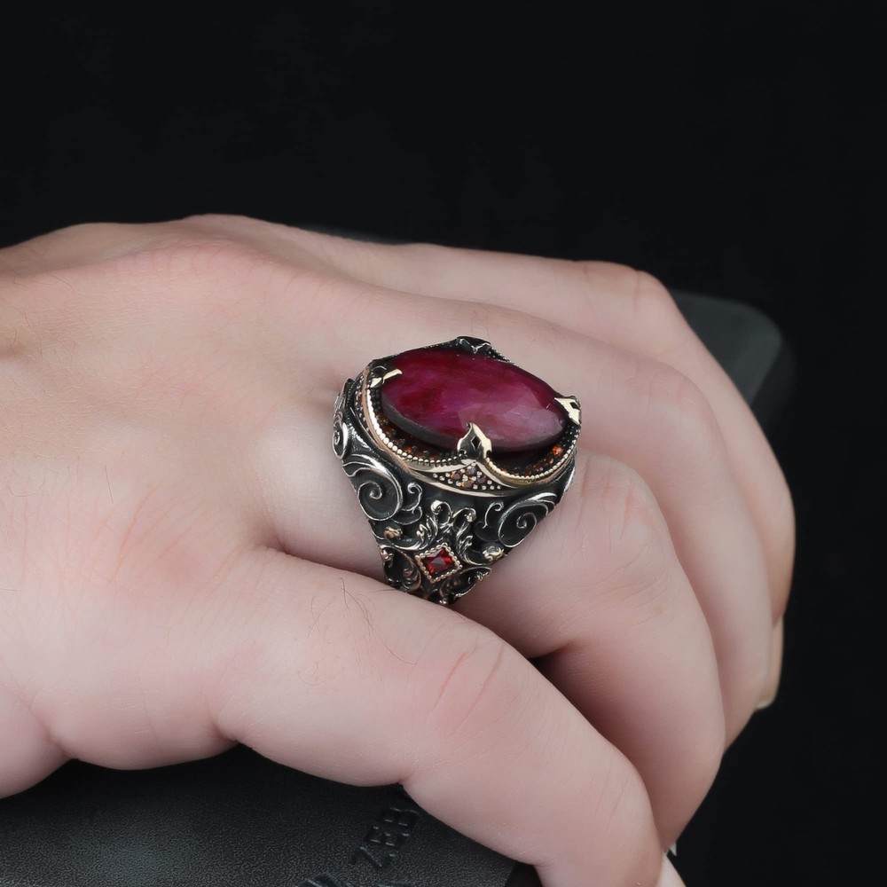 Ruby Stone Men Silver Ring, 925 Sterling Silver Ruby Gemstone Ring, Handmade