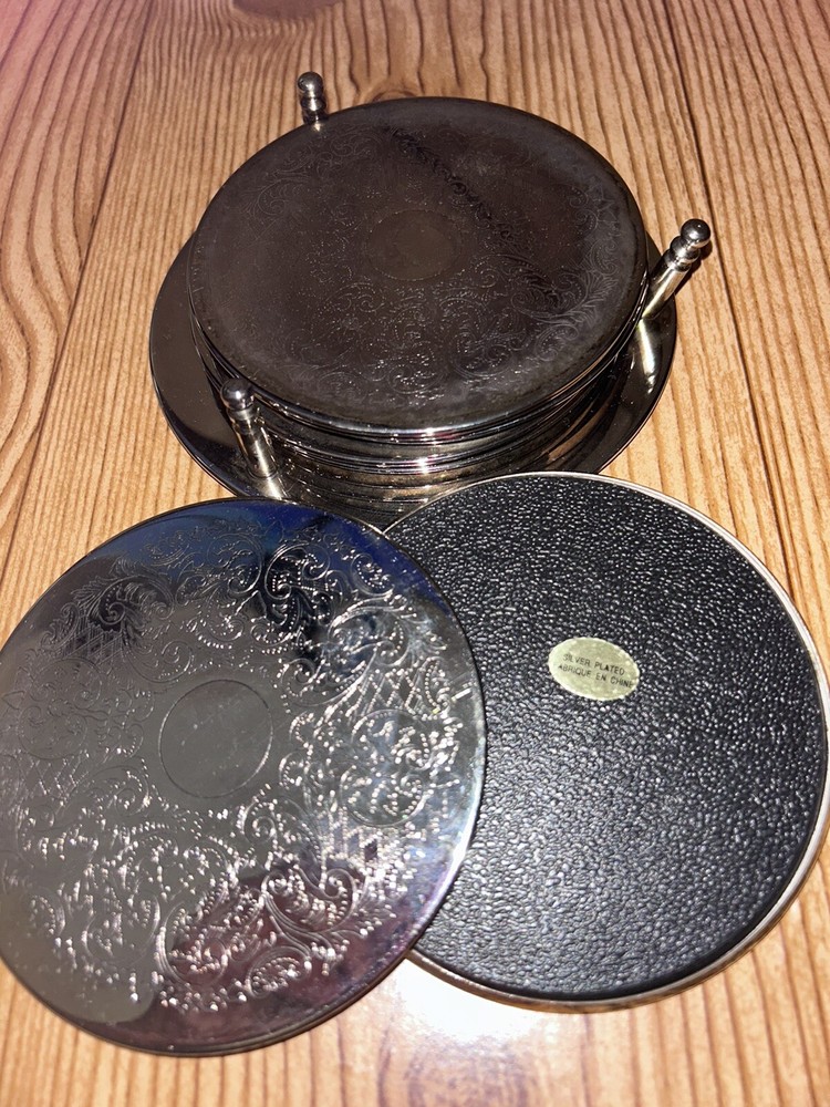 7 Piece Vintage Silver Plated Coaster Set - 6 Coasters 1 Caddy