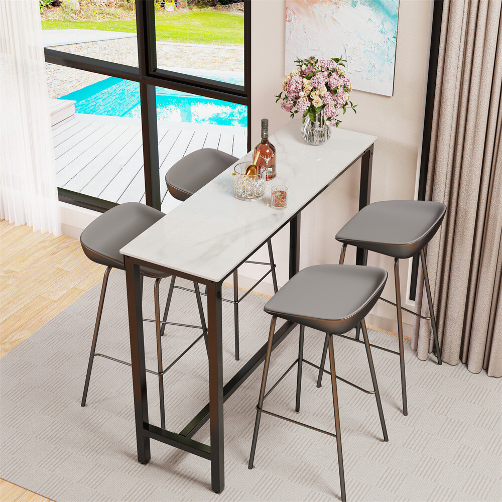 Extra Long Kitchen High Bar Table Narrow Rectangular Coffee Pub Table Marble Top