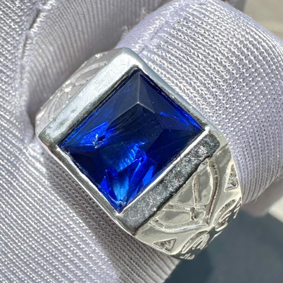 Solid 925 Sterling Silver Men's Ring with Blue Sapphire Gemstone Men's Ring