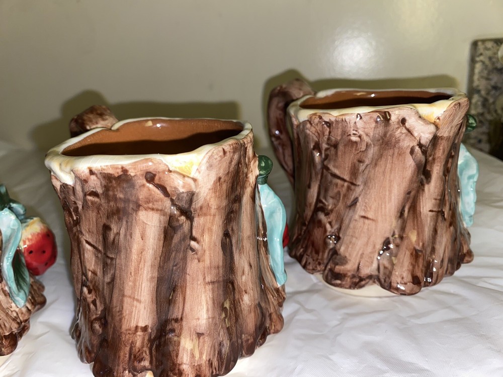 Apple Tree Strawberries Design Bark Ceramic pitcher and cup set damaged