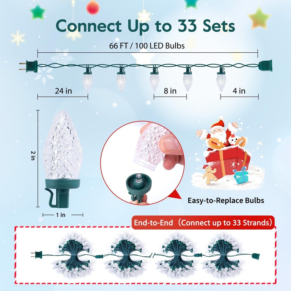 66ft C9 LED Christmas String Lights Connectable 100 Bright Bulbs White Wire