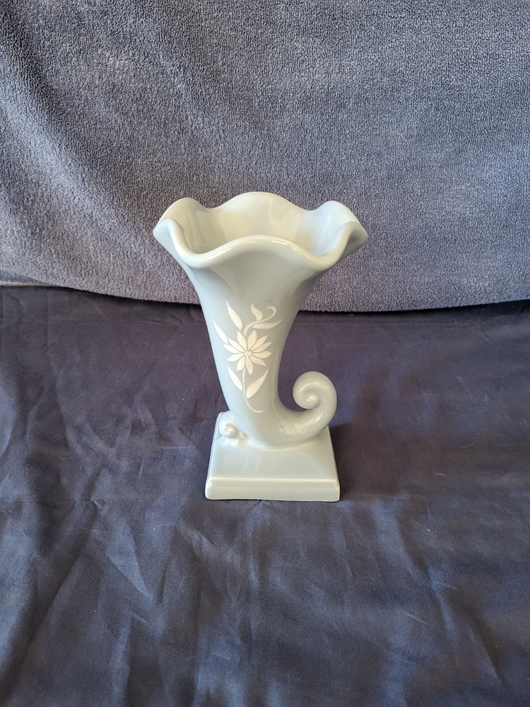 Very Cool Cornucopia Style Blue Ceramic Vase 7" Tall