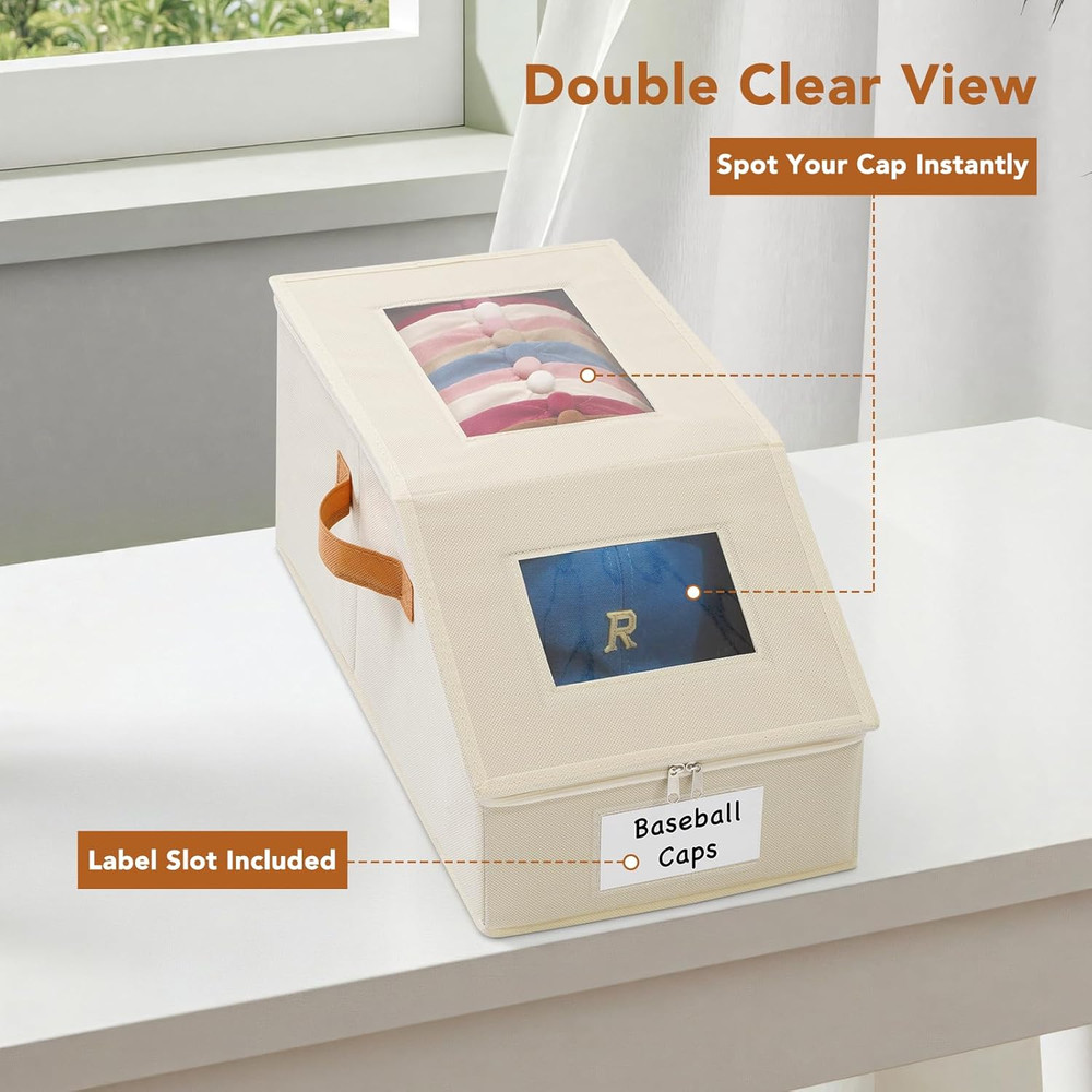 2 Pcs Extra Large Hat Organizer & Storage Box for Baseball Cap with Dual Clear W