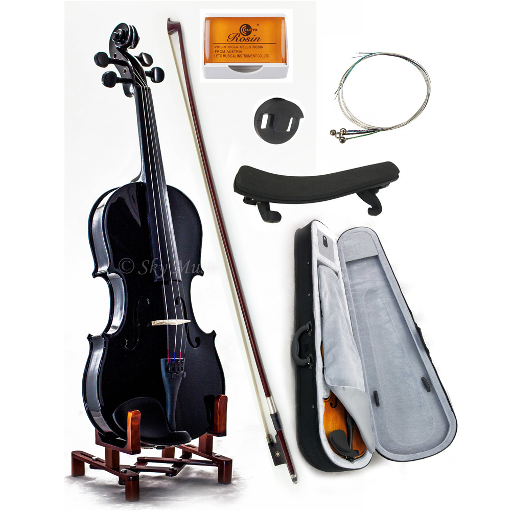 Black 4/4 Size Solid Maple Spruce Student Violin w Extras Beautiful Purfling
