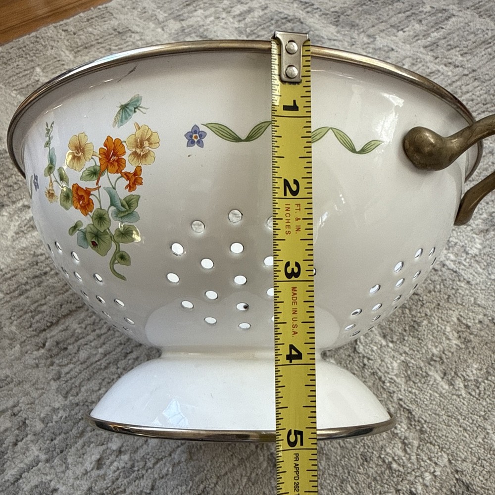 Enameled Colander/Strainer With Brass Handles Beautiful Floral Pattern