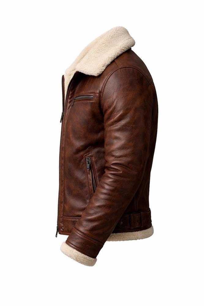 Men’s Handmade Fur Lined Shearling Leather Aviator Jacket for Winter