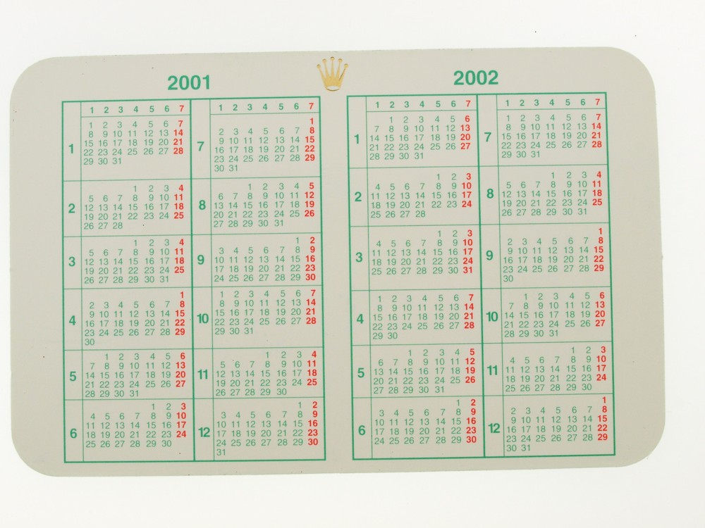 Rolex original 2001-2002 calendar card