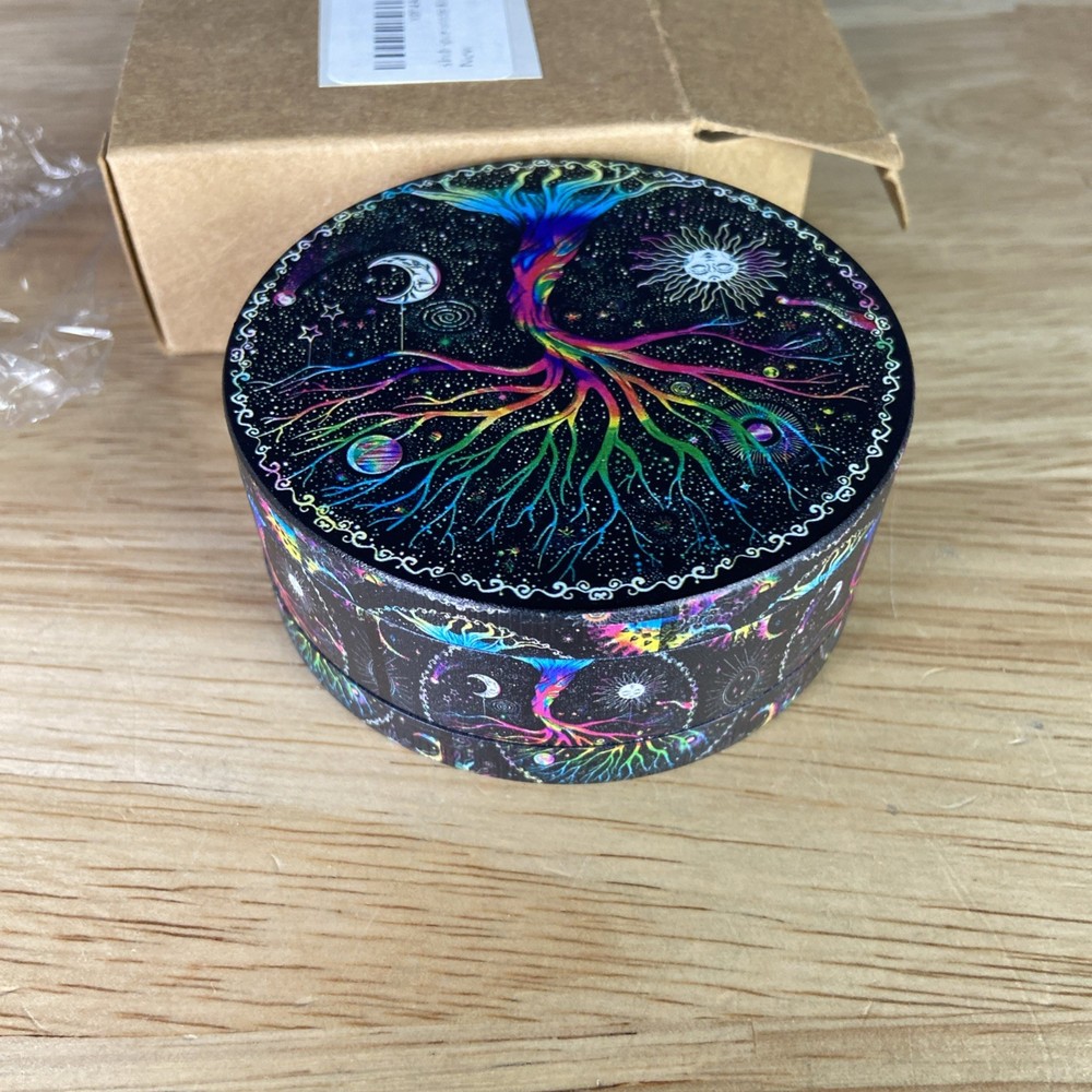 3” Boho Spice Grinder, Cool Black Lucky Tree Pattern, Sun, Moon, Psychedelic
