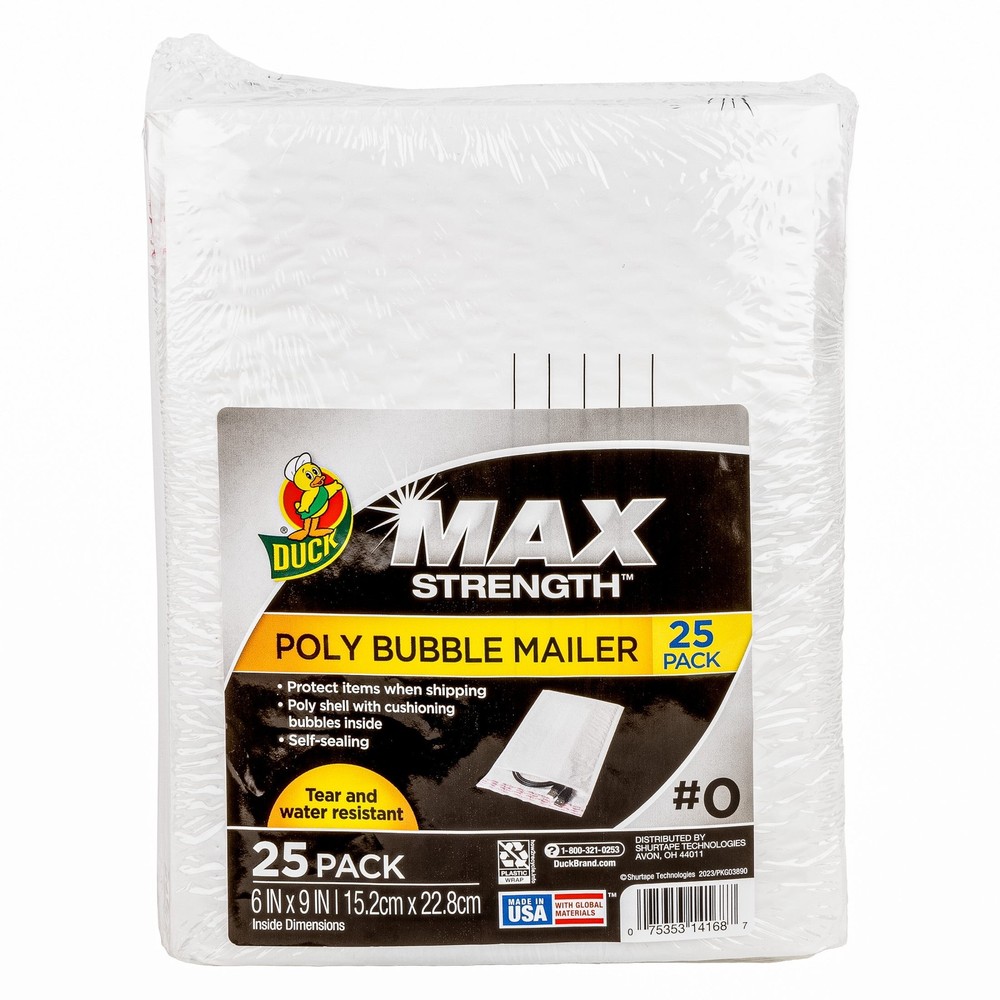 Max Strength Self-Sealing Poly Bubble Mailer #0, 6" x 9", Solid White, 25 Pack