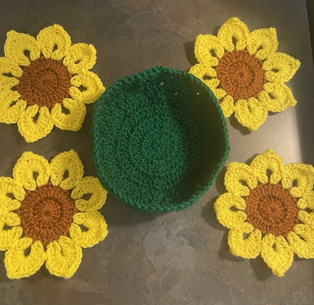Handmade Crochet Sunflower Coasters With Holder