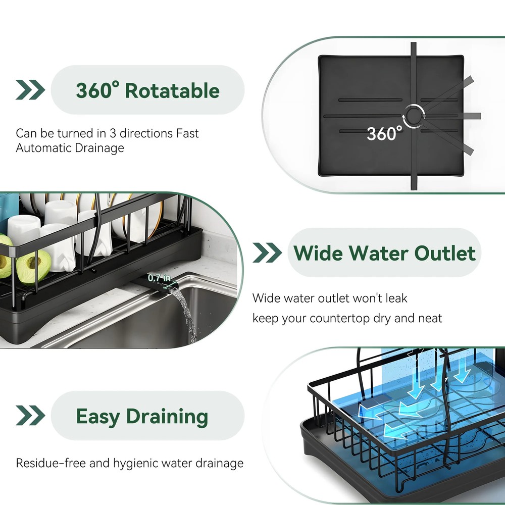 2-Tier Large Dish Drying Rack for Kitchen Counter Drainer Organizers Cups Holder