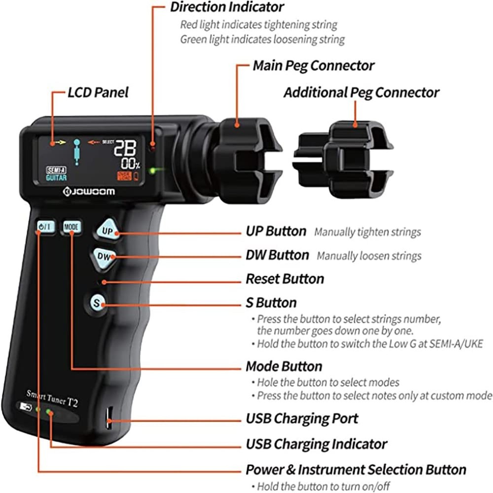 T2 Smart Guitar Tuner & Automatic Peg String Winder 2-in-1 Multi-functional S...