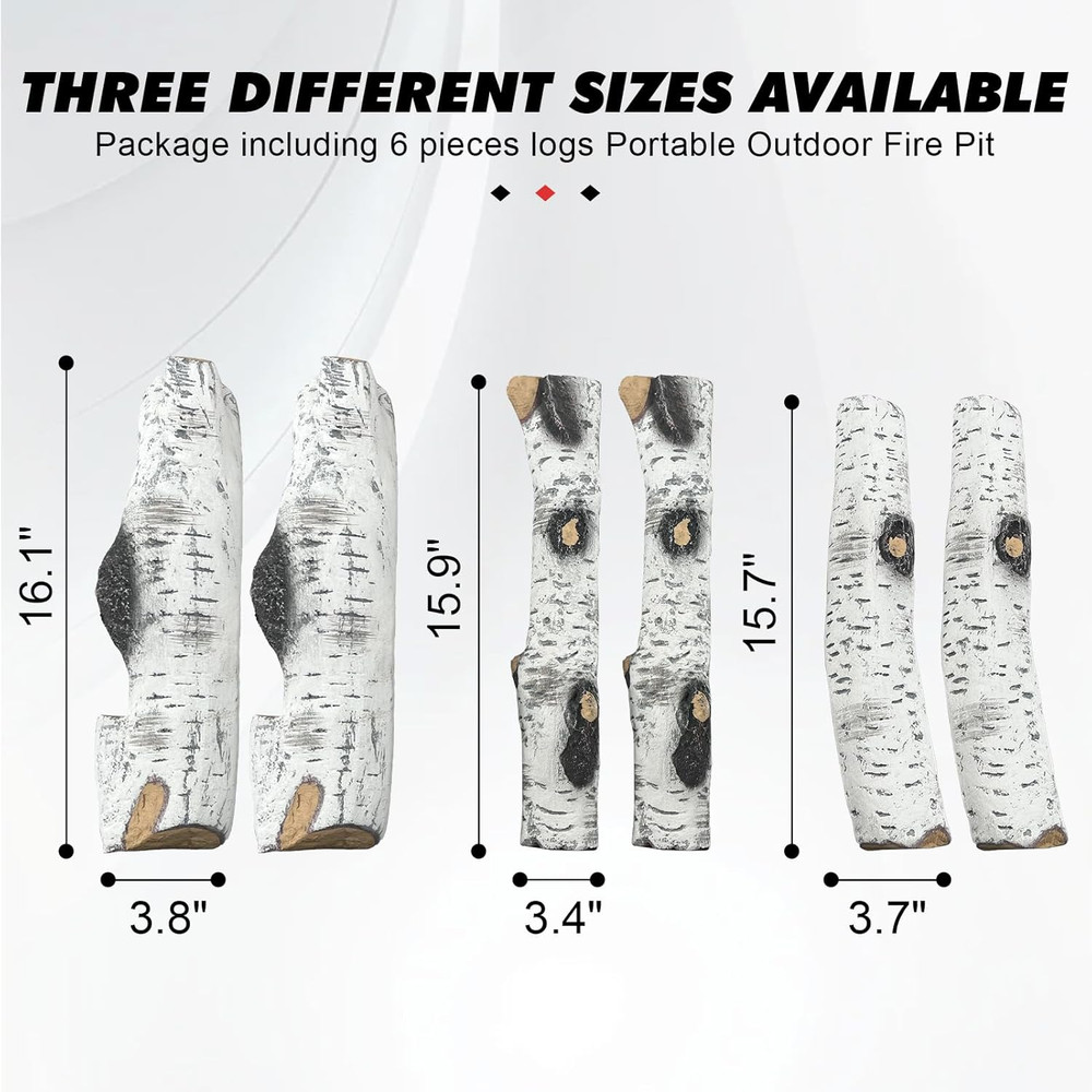 Realistic Birch Ceramic Fireplace Logs - 6 Pack for Fire Pits