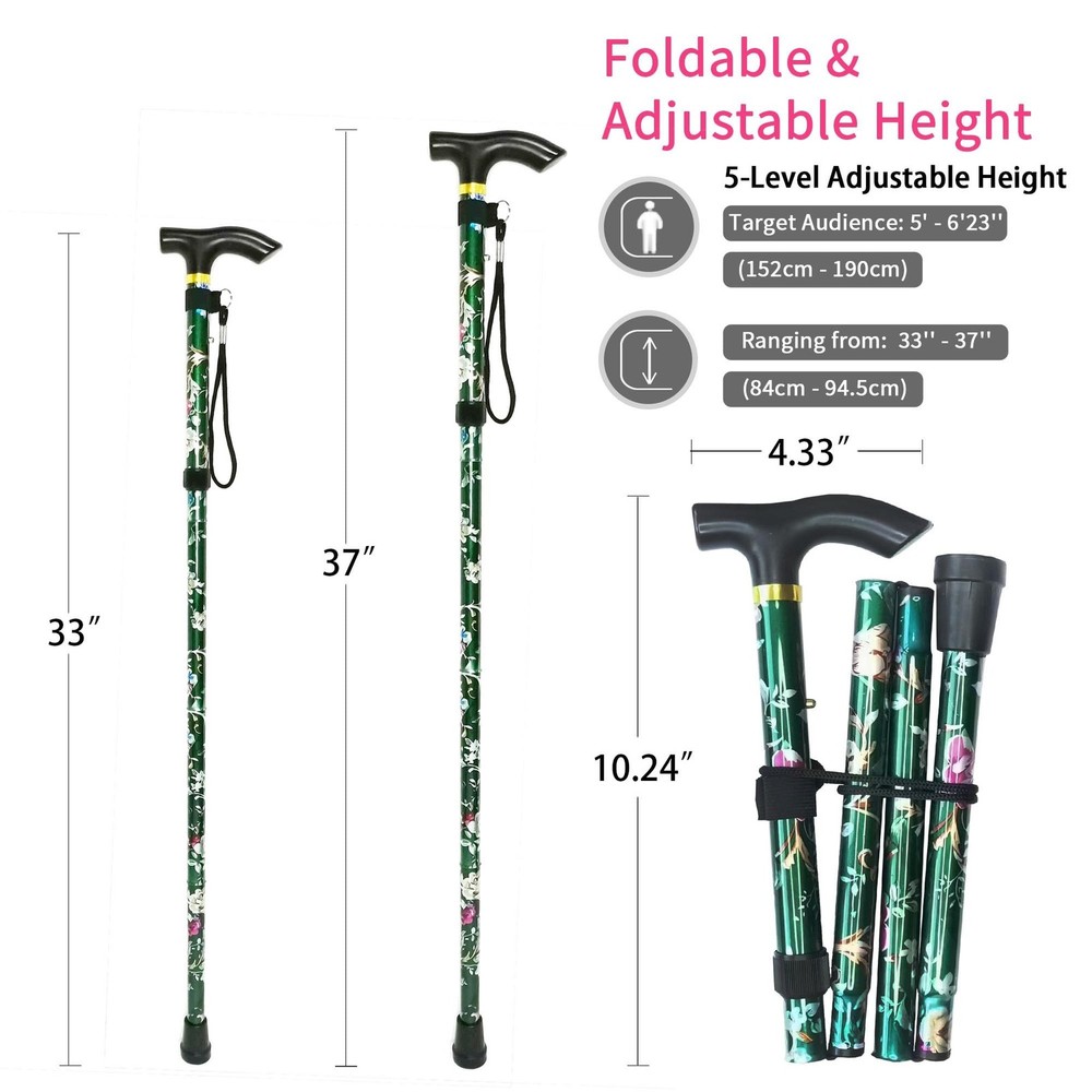 Folding Cane, 5-Level Adjustable Height Lightweight Portable Foldable Walking...
