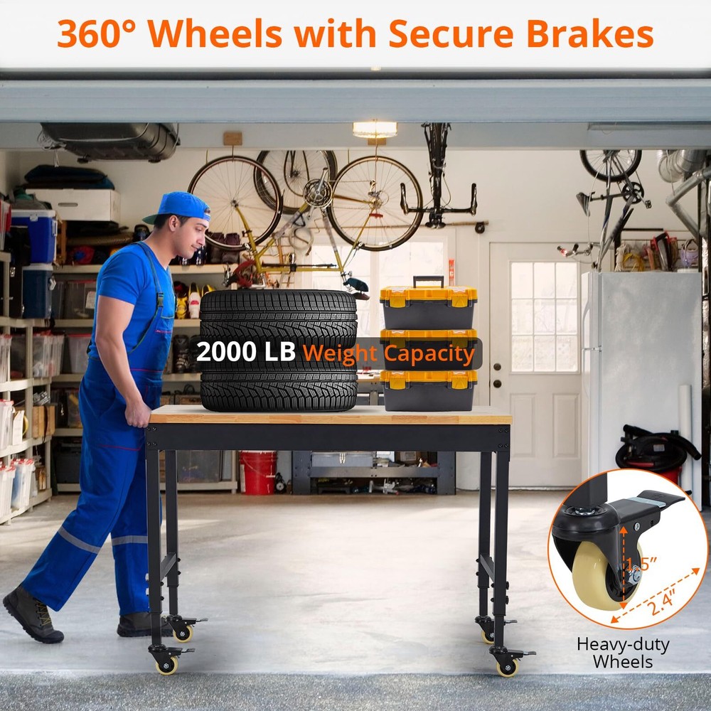 48" Adjustable Workbench Heavy Duty Workstation 2000 LBS Load Capacity Casters