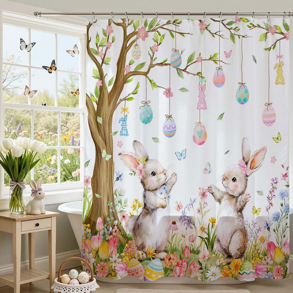 Easter Bunny Shower Curtain Easter Eggs Cute Rabbits Spring Floral Bathroom..