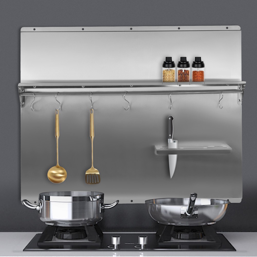 Range Backsplash Stainless Range Hood Wall Shield Splash Plate w/ Storage Shelf