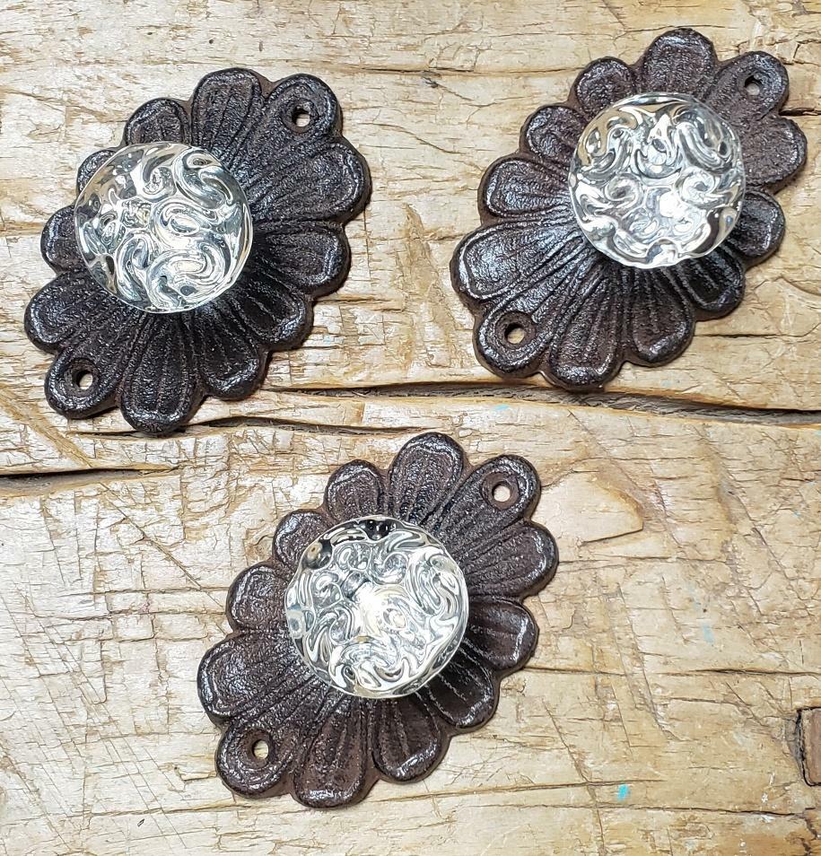 3 Cast Iron ANTIQUE Style Barn Handle Drawer Pull Coat Hook Rack BACK PLATE Knob
