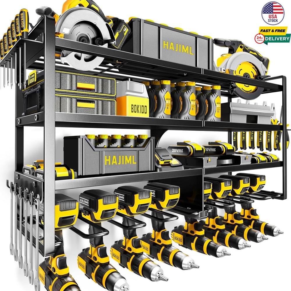 Power Tool Organizer Wall Mount Heavy Duty 4 Layer 8 Drill Holder Garage Storage